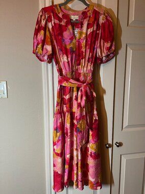 NWT Women's Pinch Abstract Midi Dress Pink Red Belted Puff Sleeves - Medium